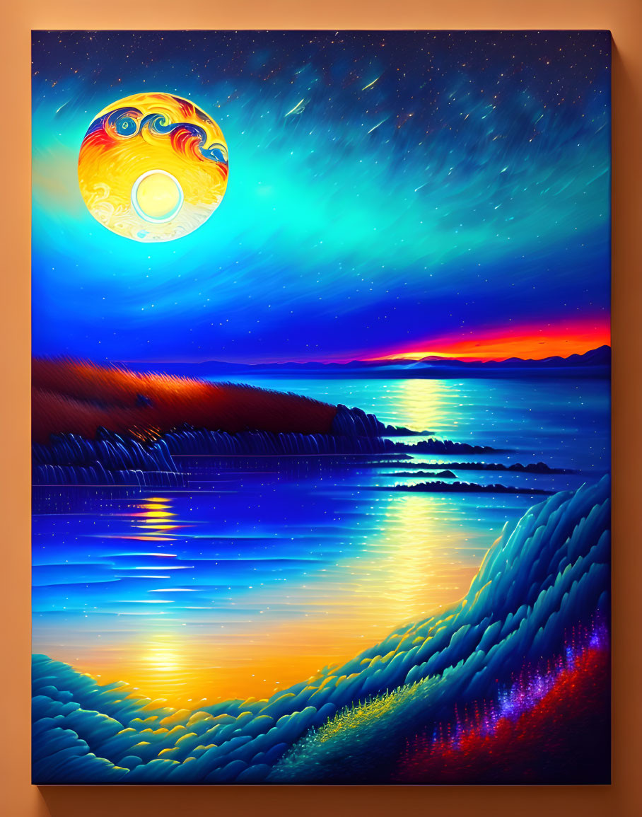 Colorful surreal landscape painting with stylized moon, shooting stars, and radiant sunset horizon