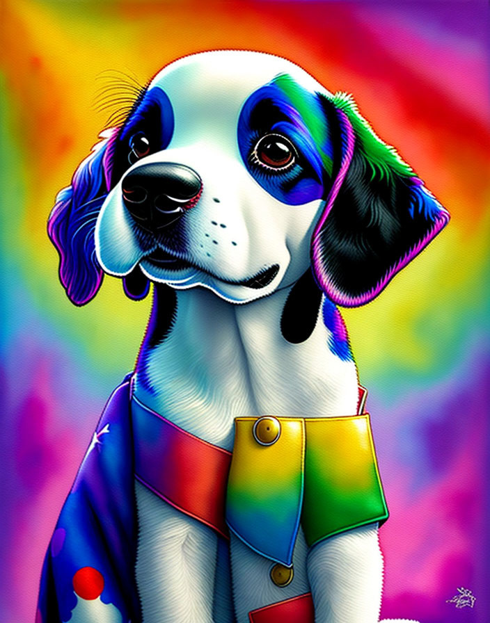 Vibrant dog illustration with rainbow background and colorful coat