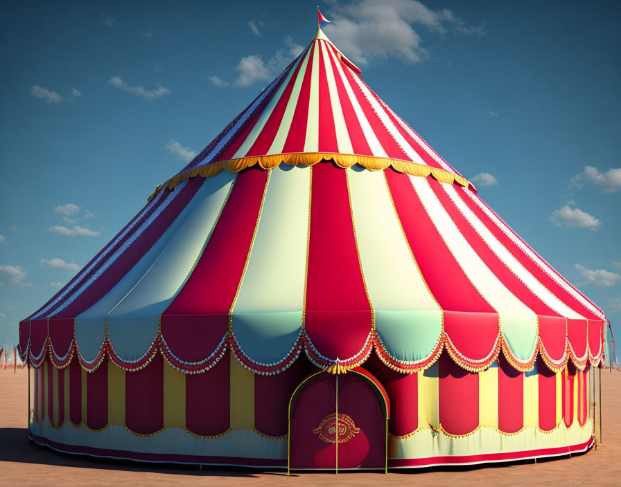 Red and White Striped Circus Tent with Blue Accents under Clear Blue Sky