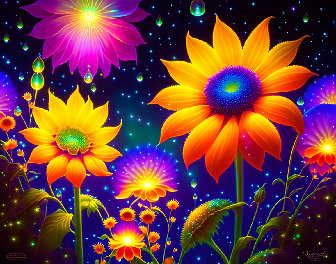 Luminescent flower digital art with sunflower center on cosmic background