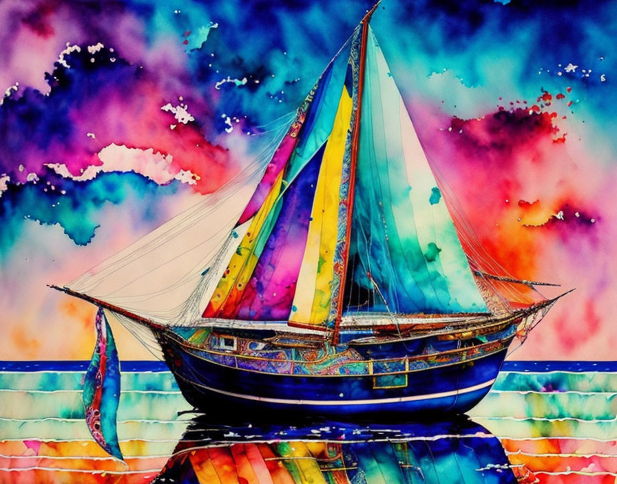 Colorful Sailboat Watercolor Painting with Abstract Background