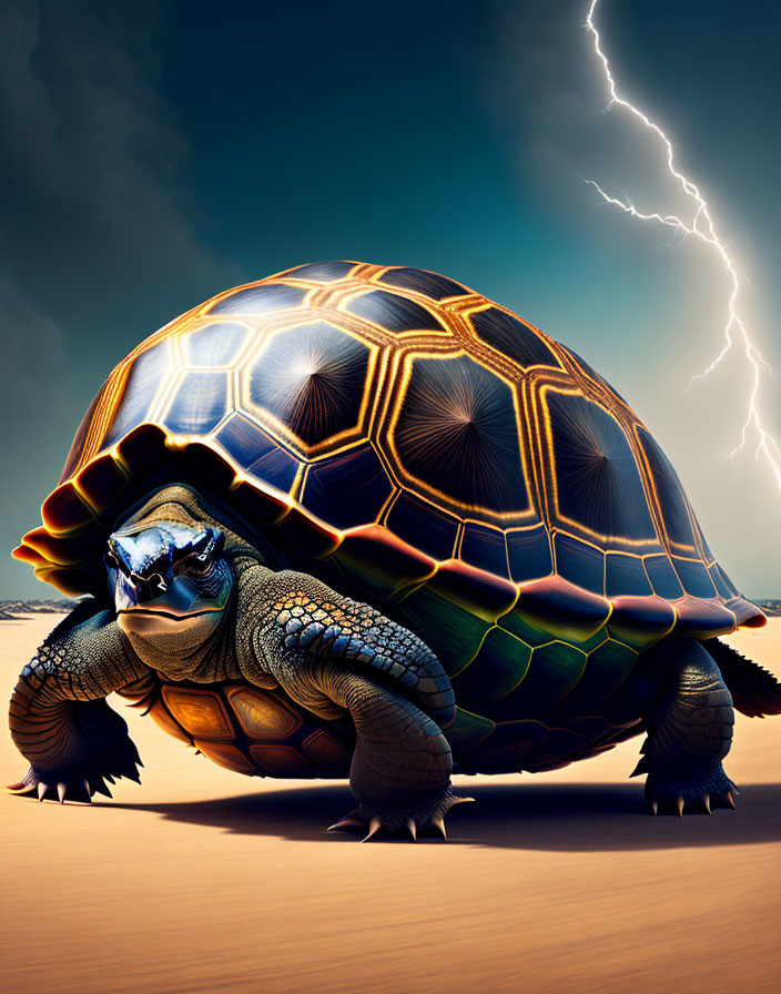 Detailed Shell Tortoise on Sandy Terrain Against Stormy Sky