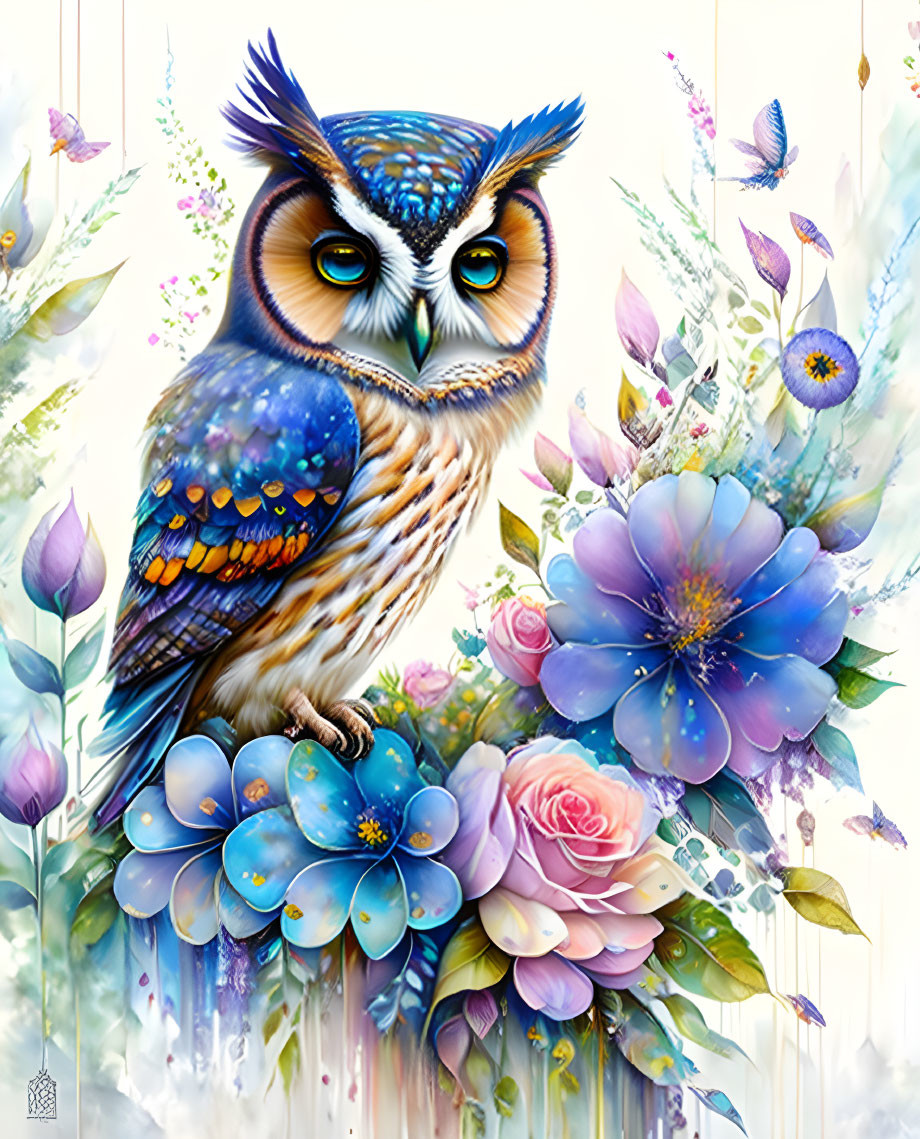 Colorful Owl Perched on Flower Bouquet with Butterflies