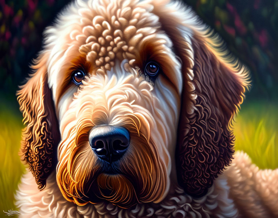 Realistic digital painting of fluffy brown and beige dog with curly fur and large eyes against blurred green background