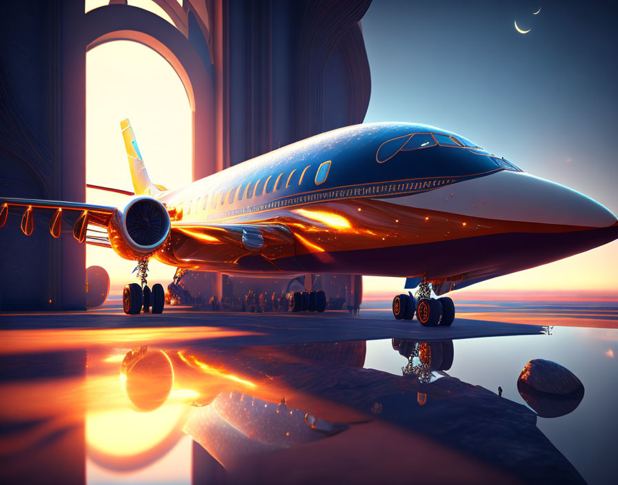 Orange Airplane at Sunset with Crescent Moon and Large Arches