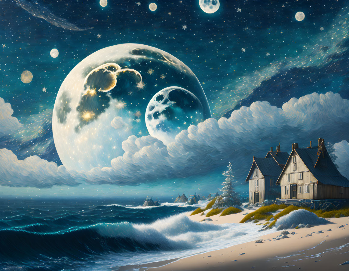 Surreal beach landscape with oversized moons and stars at night