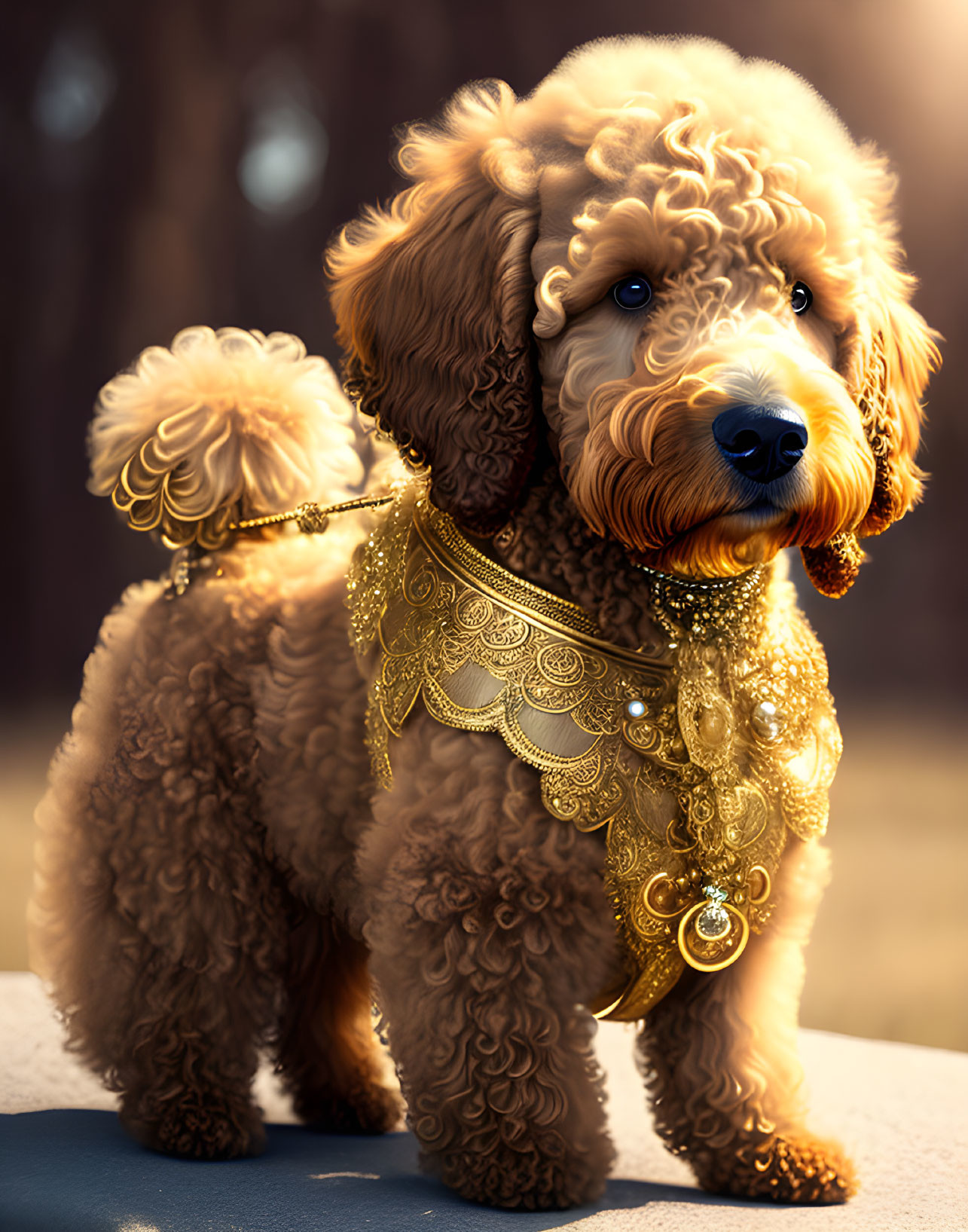 Golden-brown Doodle Dog with Gold Collar in Forest Setting