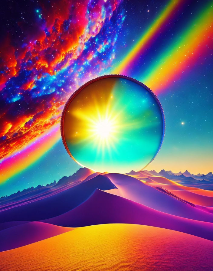 Colorful Cosmic Landscape with Glowing Portal & Desert Dunes