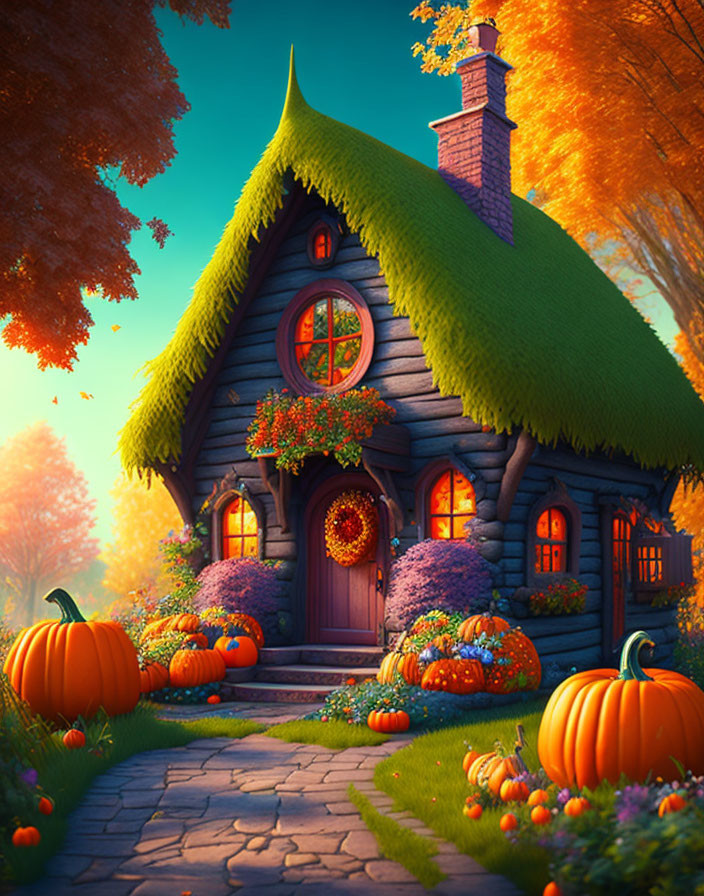 Cozy fairytale cottage with green roof among autumn trees and pumpkins