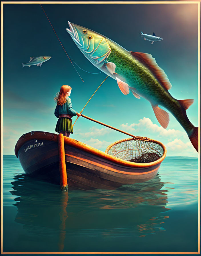 Girl in wooden boat fishing giant fish in surreal oceanic scene