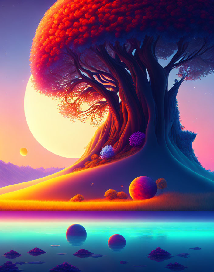 Colorful Tree and Celestial Body in Fantasy Landscape