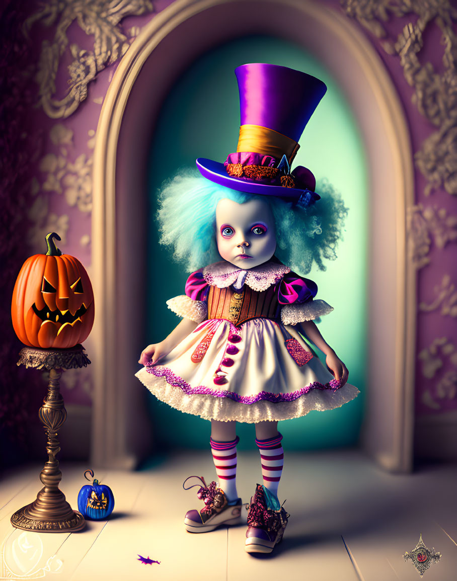 Colorful doll with blue hair and purple top hat in whimsical room with pumpkin