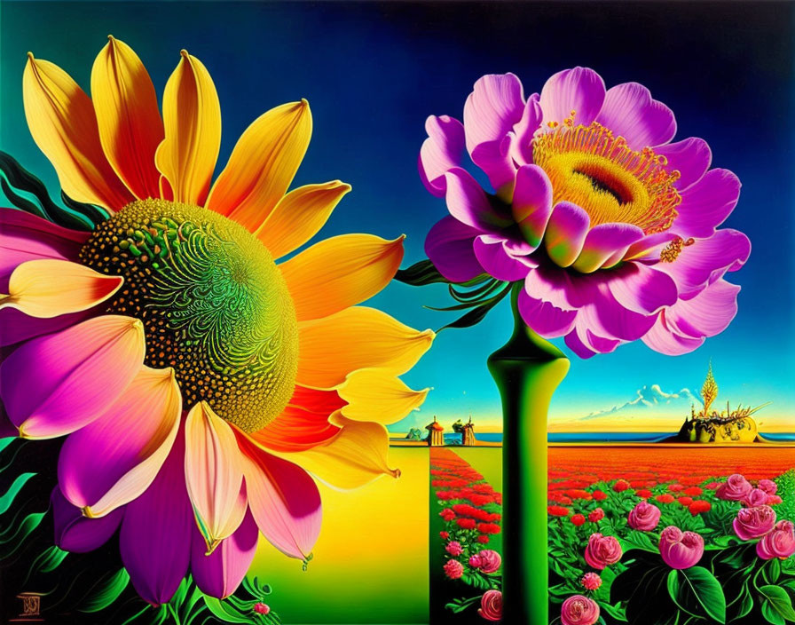 Colorful landscape painting with sunflower, pink flower, and mountains