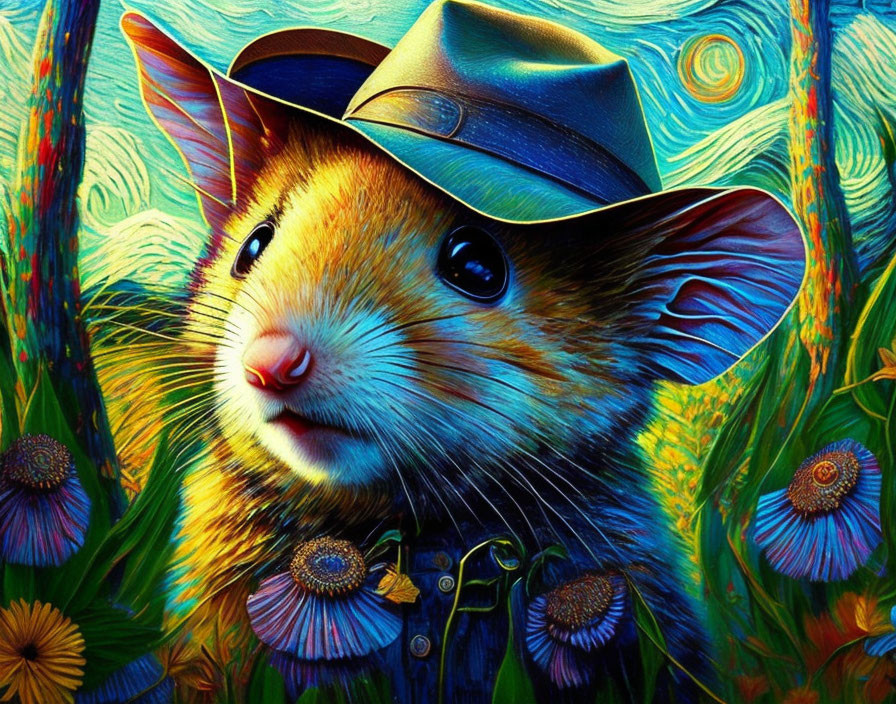 Whimsical mouse in fedora hat and coat among vibrant swirls and flowers