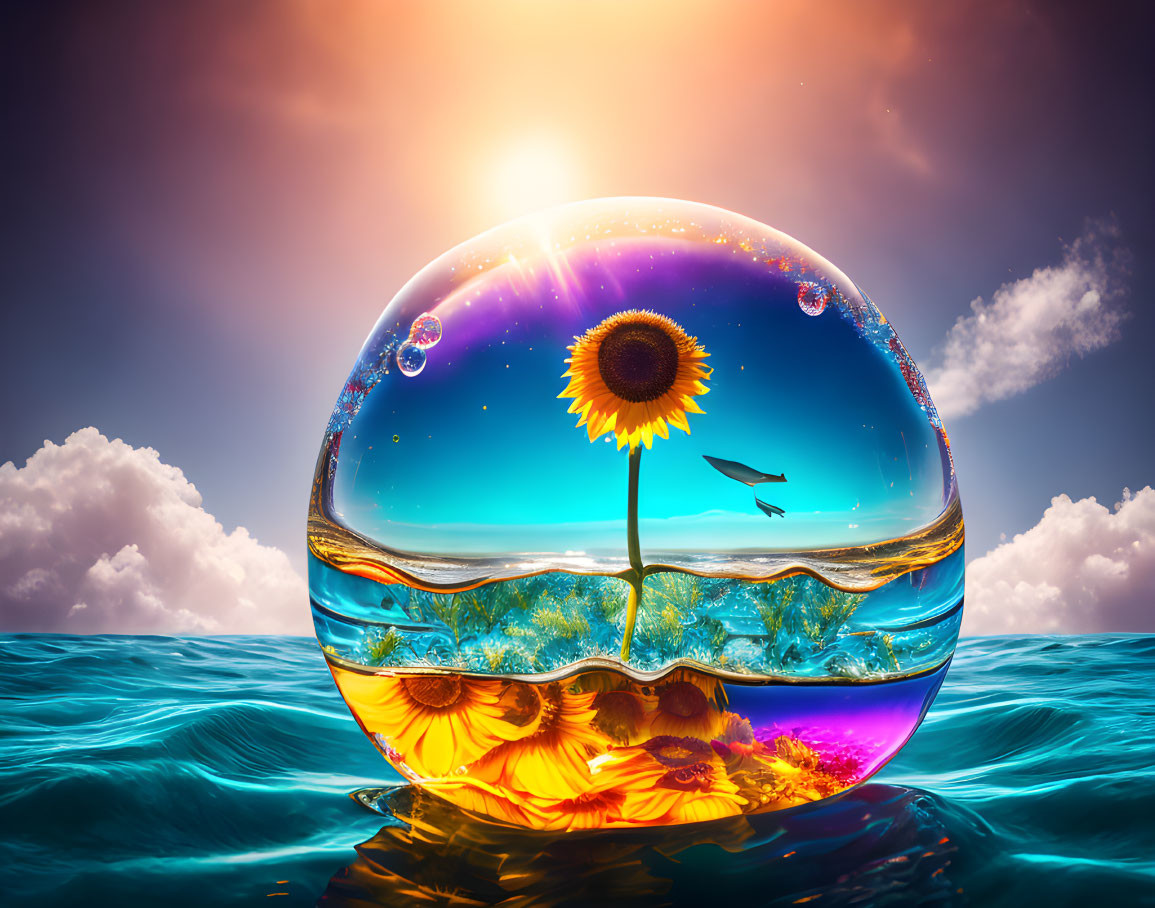 Colorful digital artwork with crystal ball, sunflower, ocean, fish, sunny sky.