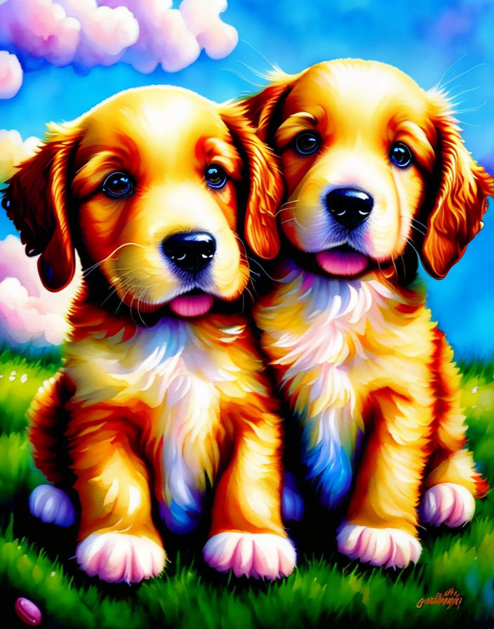 Golden Retriever Puppies Sitting Together Against Colorful Background