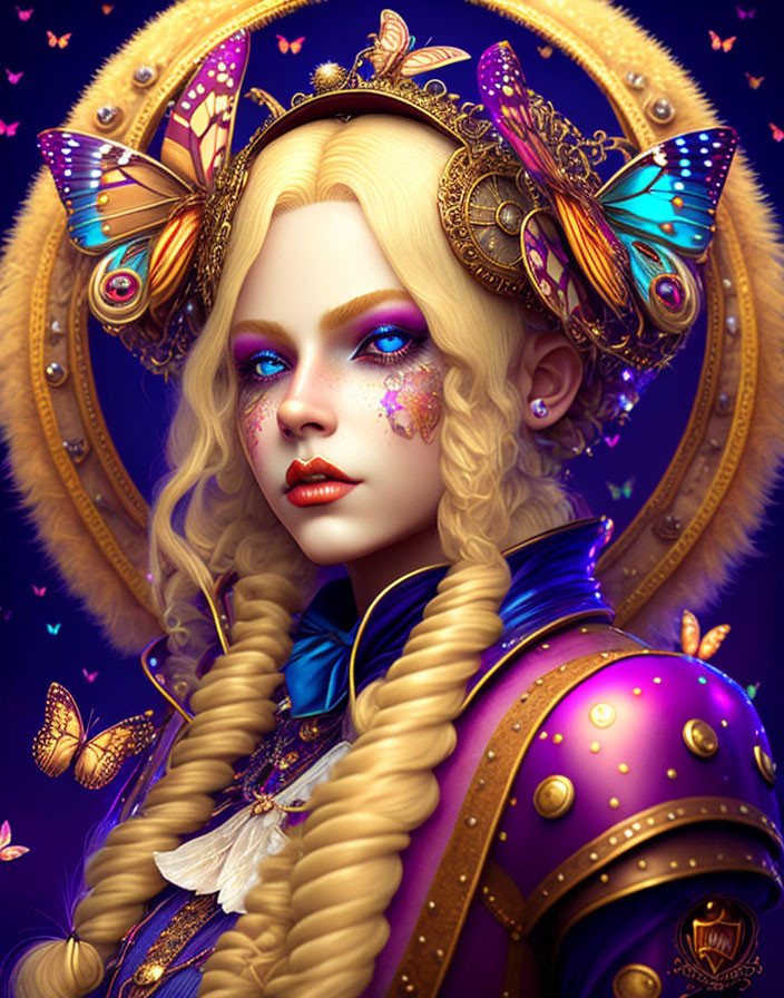 Fantasy Woman Digital Portrait with Golden Hair and Butterfly Theme