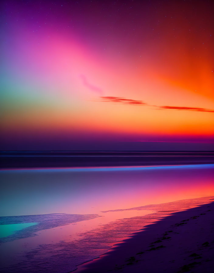 Vibrant beach sunset with purple-orange sky and starry shoreline