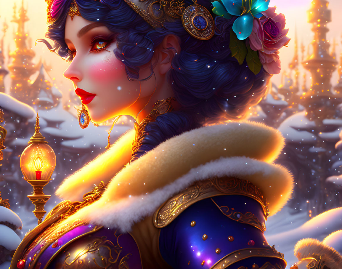 Digital artwork: Woman with blue hair in gold-trimmed attire in snowy setting