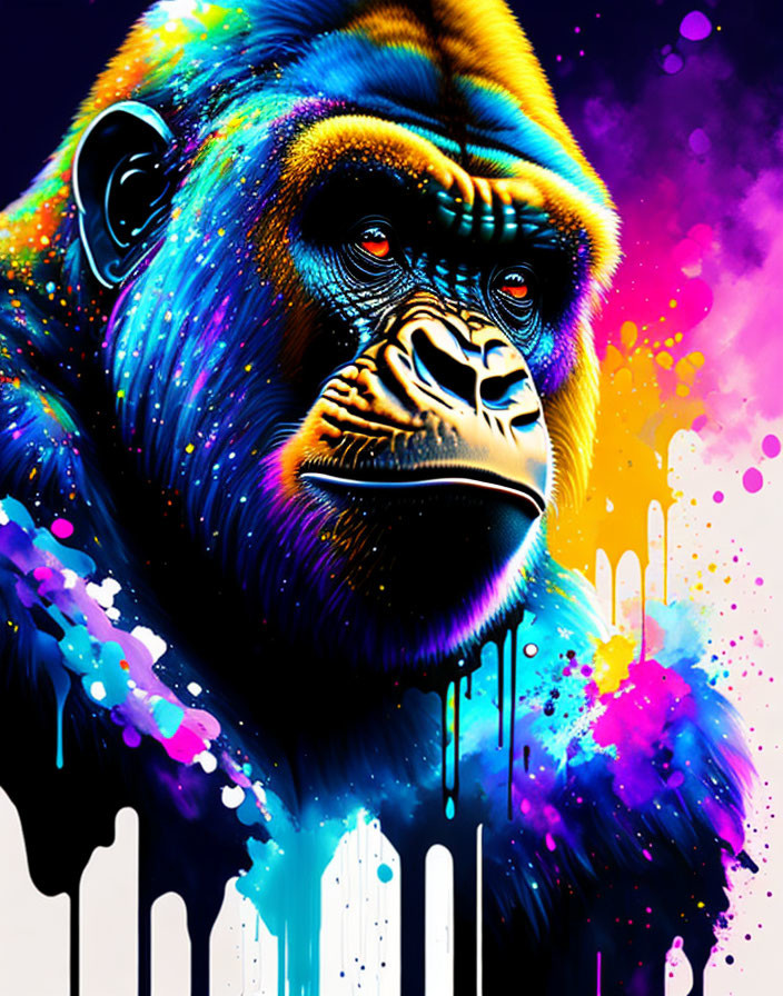 Colorful Gorilla Face Artwork with Dripping Paint on Black Background