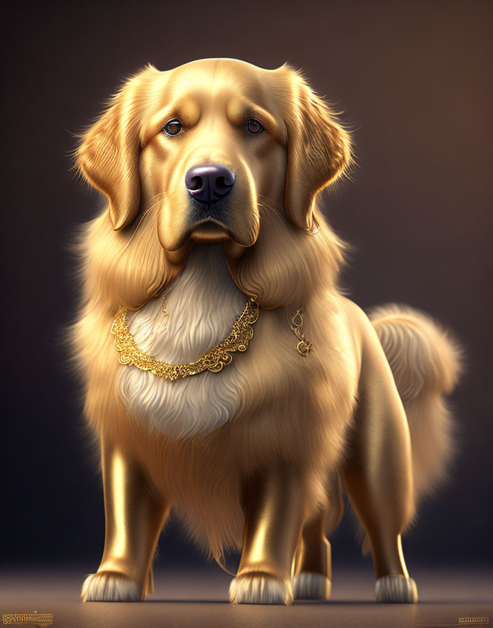 Regal Golden Retriever with Gold Chain on Dark Background