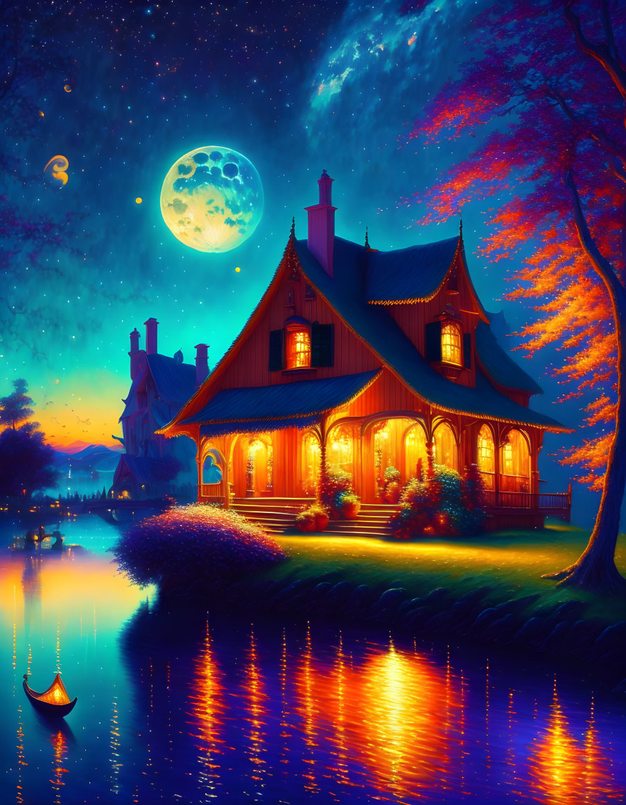 Cozy waterside house at night with full moon, stars, autumn trees