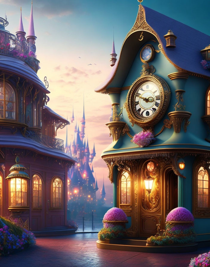 Enchanting fairytale cityscape at twilight with golden accents and blooming flowers under a magical