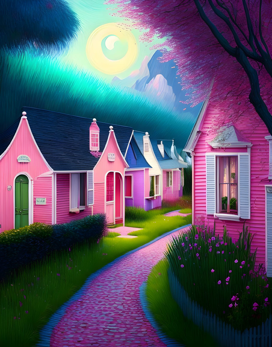 Colorful fantasy village scene at dusk with pink and blue houses under a moonlit sky