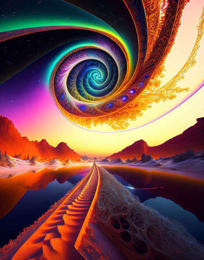 Fractal spiral above surreal desert with reflective river