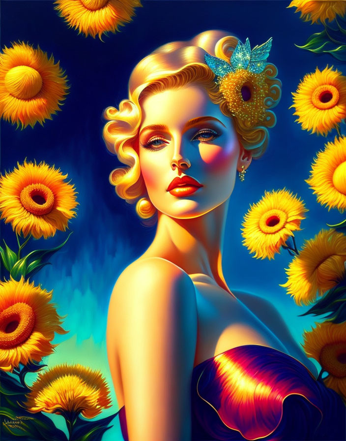 Stylized portrait of woman with golden hair among vibrant sunflowers