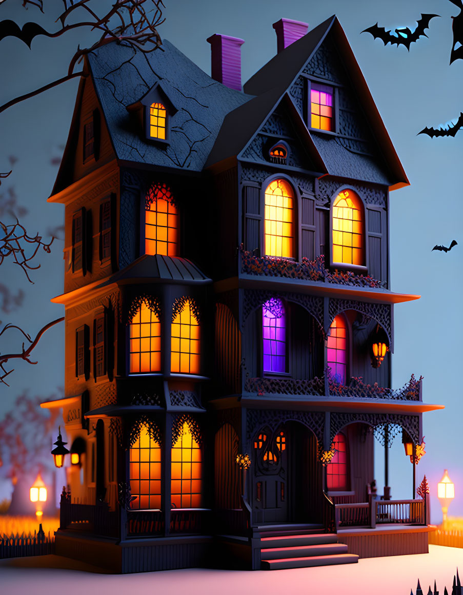 Eerie Three-Story Victorian House at Twilight with Bats and Lanterns