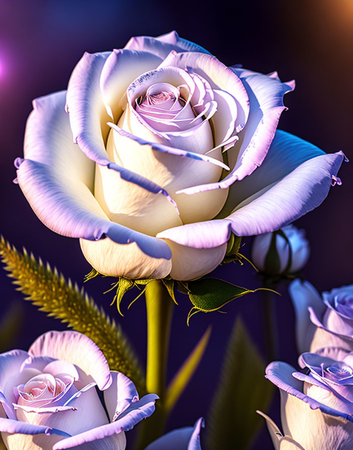 Close-up White Roses with Purple Tinge on Dark Background