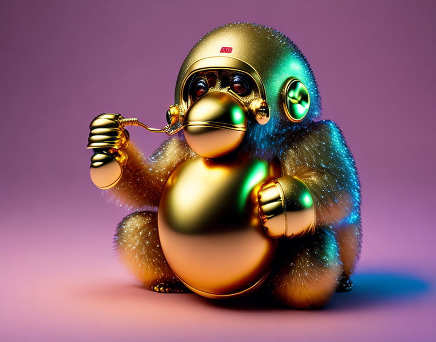 Golden chimpanzee with sunglasses, headphones, and monocle on purple background