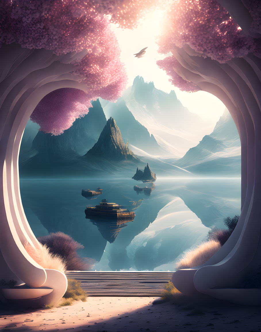 Tranquil landscape with cherry blossom arches, mountains, lake, boats, and soaring bird.