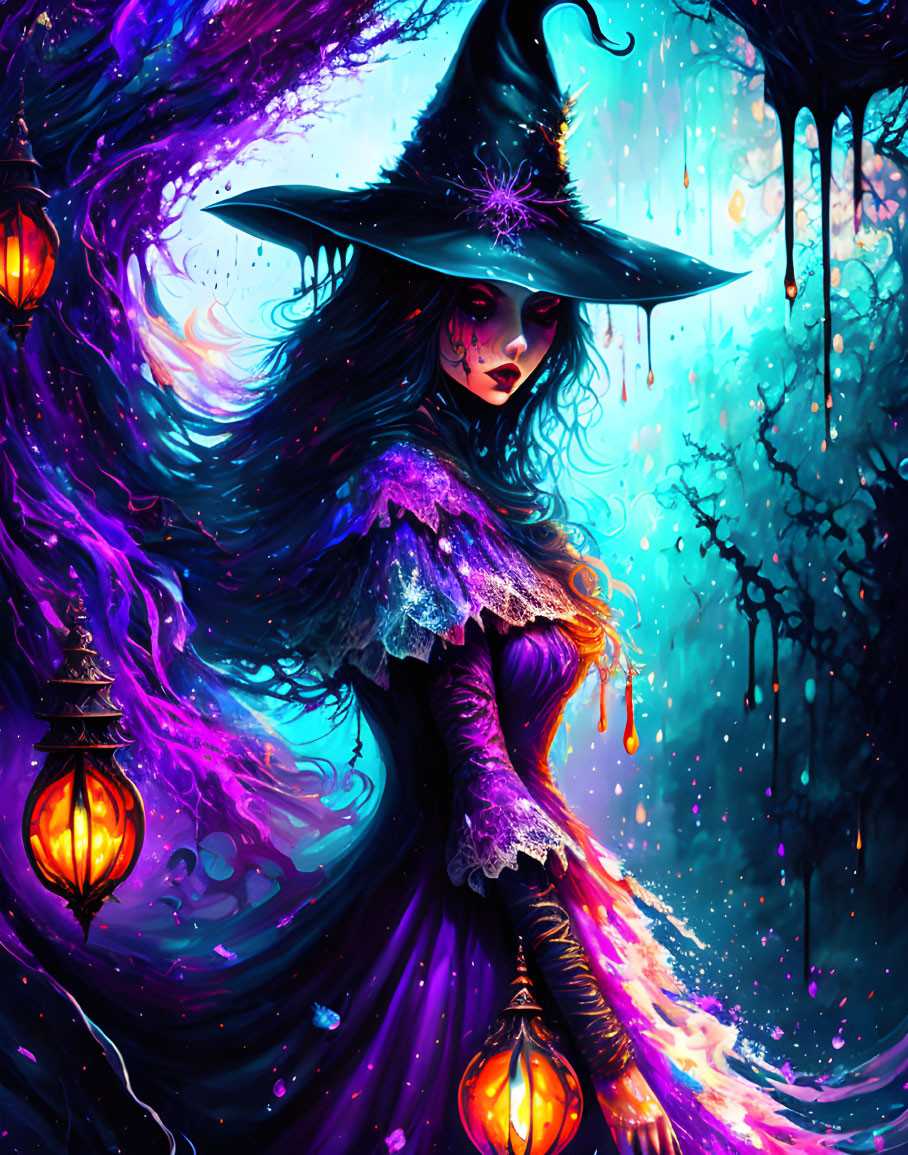 Mystical witch in purple cloak amidst enchanted forest