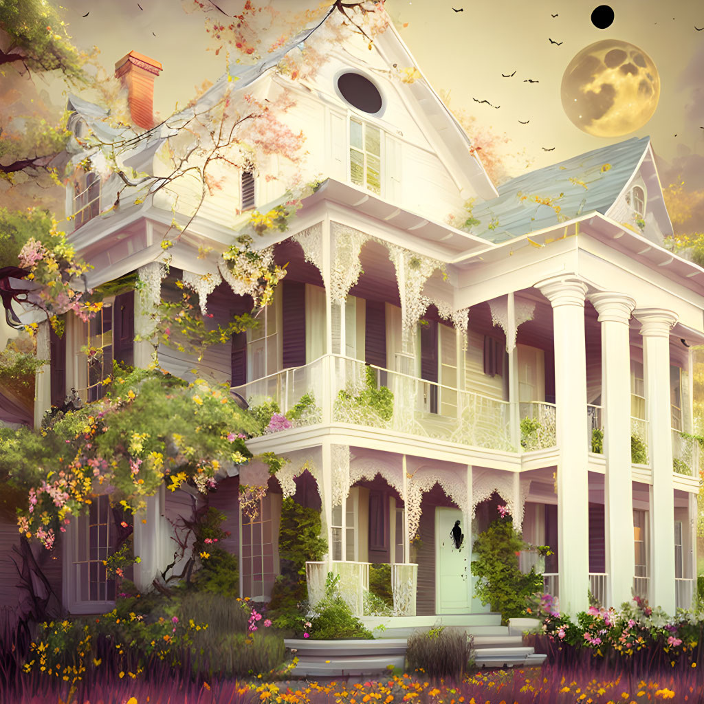 Victorian house with flowers under twilight sky