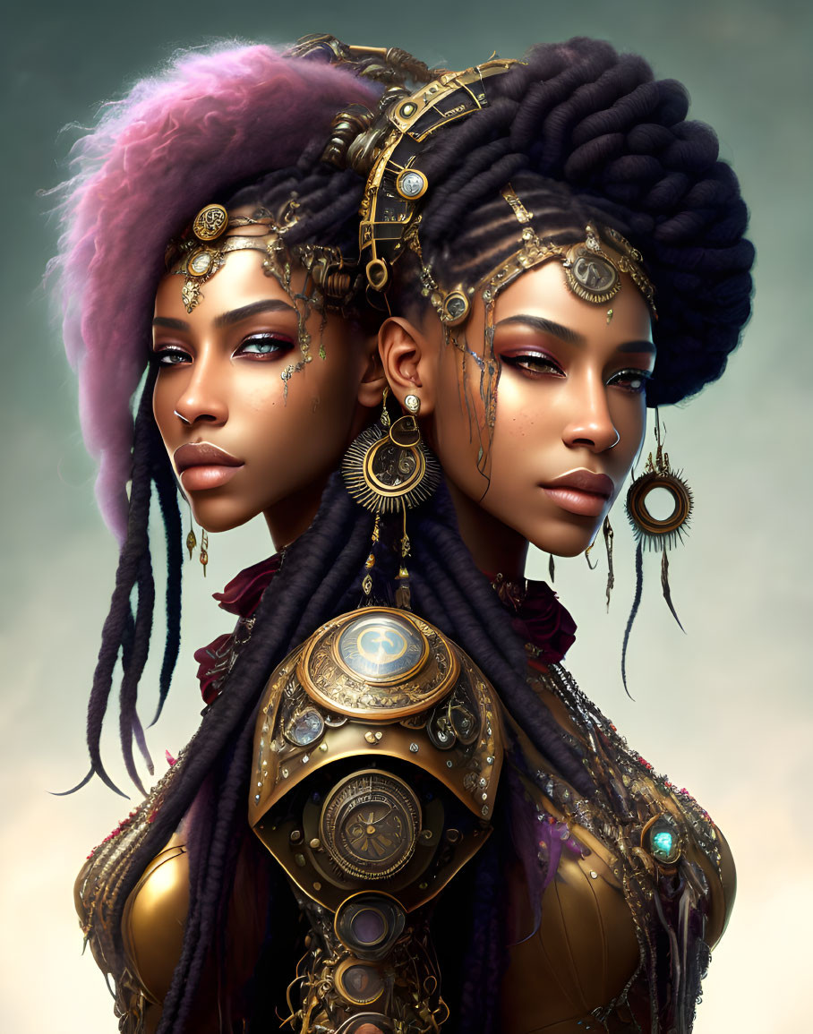 Steampunk-themed digital artwork featuring two women with intricate golden jewelry.