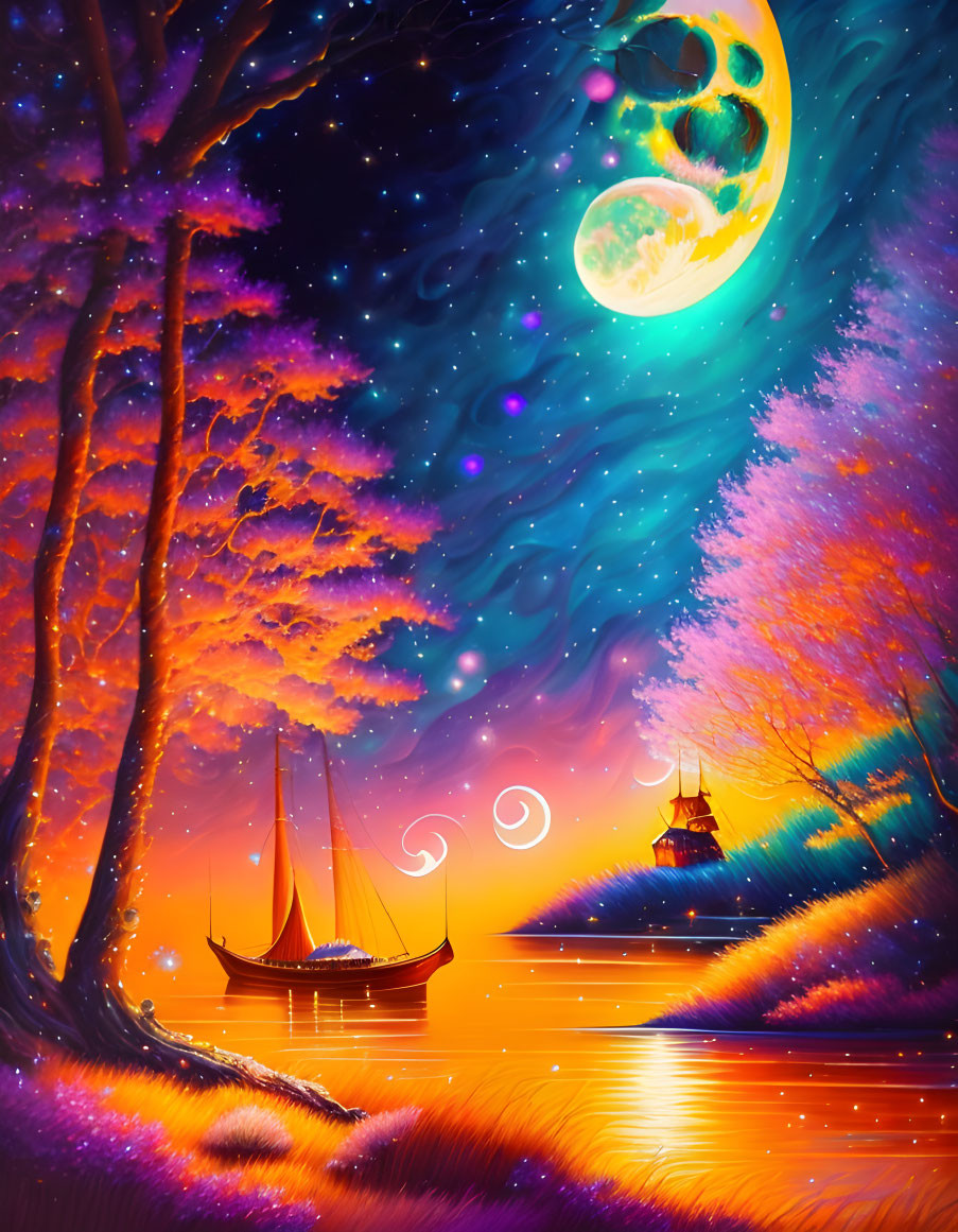 Vibrant fantasy landscape with glowing moon and sailboat