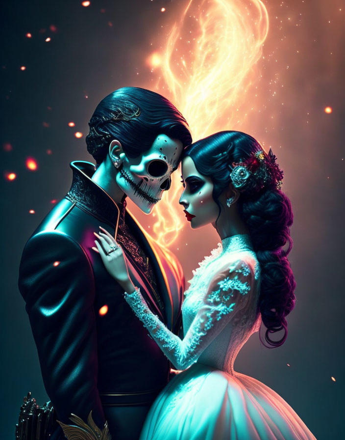 Stylized couple in Day of the Dead makeup embracing in romantic setting