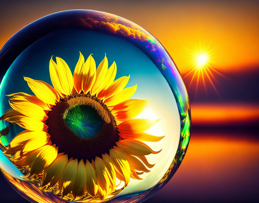 Sunflower in transparent bubble with sunset sky and warm hues