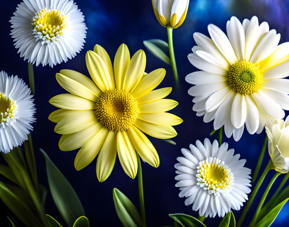 Detailed Yellow and White Daisies on Blurred Blue Background