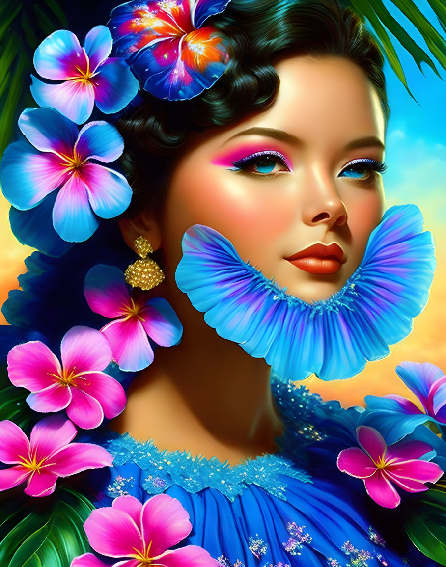 Colorful Woman Illustration with Flowers and Butterfly Collar