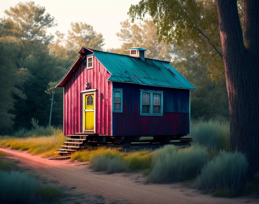 Red Tiny House with Yellow Door in Wooded Setting