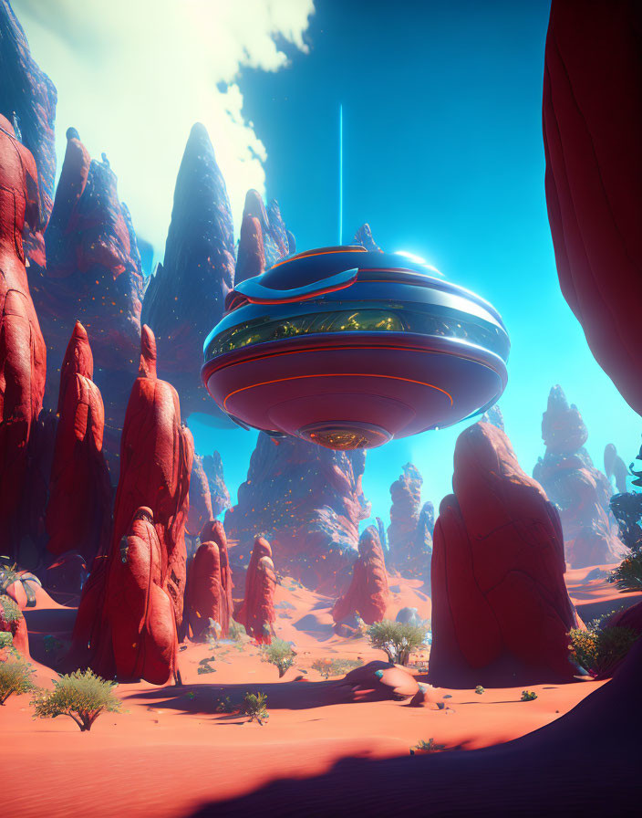 Futuristic UFO over red rock formations under blue sky