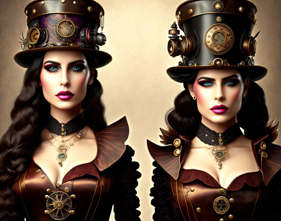 Women in steampunk attire with elaborate top hats and mechanical accents.