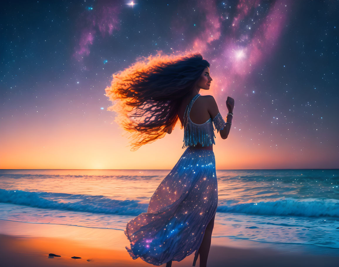 Woman on Beach at Sunset with Flowing Hair, Starry Sky, and Vibrant Nebula