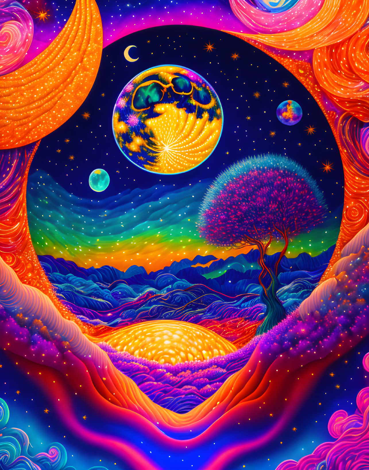 Colorful Psychedelic Cosmic Landscape with Tree and Planets