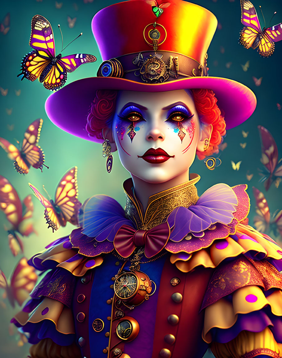 Colorful portrait of a person with vibrant makeup and a whimsical hat, surrounded by butterflies and wearing