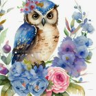 Colorful Owl Perched on Flower Bouquet with Butterflies