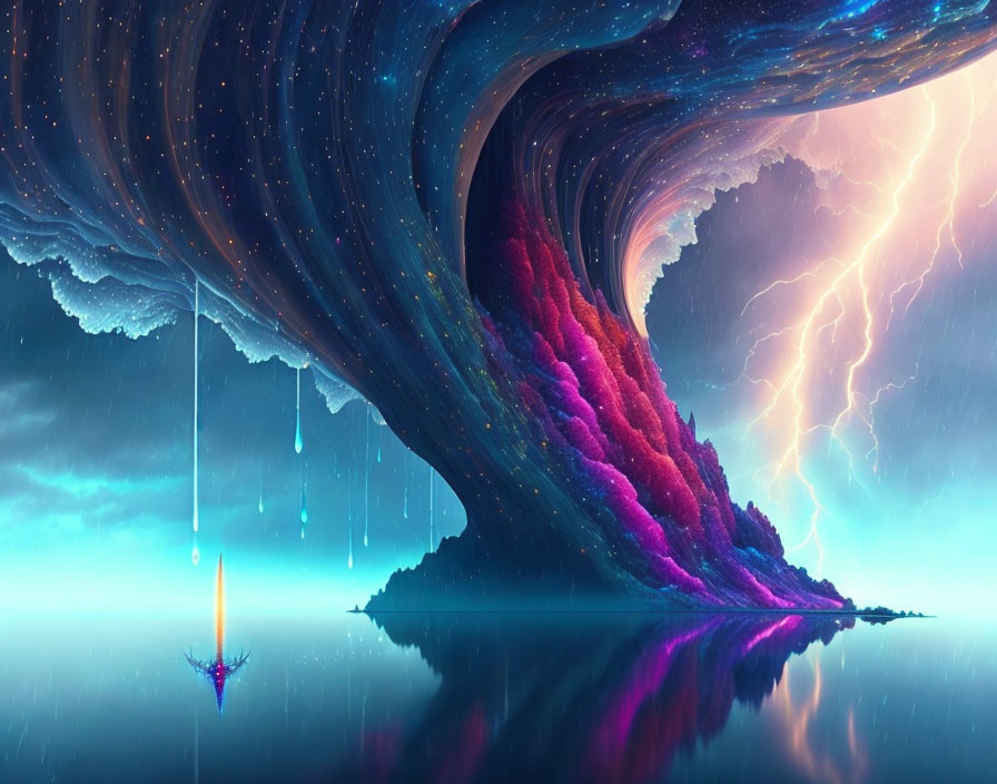 Digital artwork: Vibrant nebula meets stormy ocean under starry skies